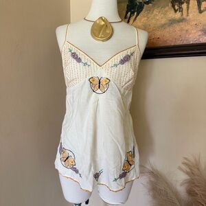 Embroidered Butterfly Cami Tank Top - Cream & Yellow Linen Cotton
